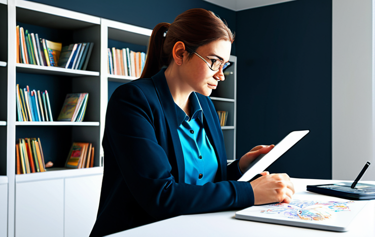 A professional female character designer in modest business casual attire, intensely focused on a digital tablet. On the tablet screen, a vibrant, expressive animated character with deep emotional depth is being sketched in a dynamic pose. The setting is a clean, well-lit modern art studio, with reference books on human anatomy and psychology on shelves in the background, bathed in soft, natural light from a large window. High-resolution, detailed, realistic, professional photography, fully clothed, appropriate attire, safe for work, perfect anatomy, correct proportions, natural pose, well-formed hands, proper finger count, natural body proportions.
