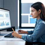 A professional female artist, fully clothed in a modest, contemporary business casual outfit, sits thoughtfully at a sleek desk in a modern, well-lit digital design studio. On her large monitor, a subtly blurred, stylized AI-generated character design flickers, representing the "gray zone" of AI copyright. She holds a stylus, contemplating the screen with a focused yet slightly introspective expression. The background shows organized creative tools and perhaps some legal documents faintly visible. The atmosphere is professional and intellectual. Perfect anatomy, correct proportions, natural pose, well-formed hands, proper finger count, natural body proportions. Safe for work, appropriate content, family-friendly, professional, high-quality digital illustration.