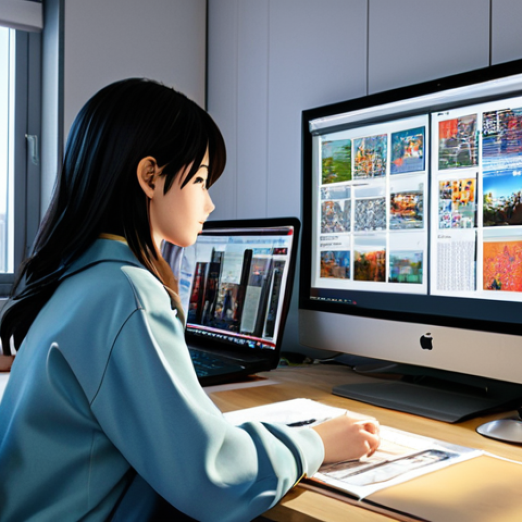 캐릭터디자이너로서의 포트폴리오 개선 팁 - Portfolio Review Scene**
"A character designer, female, in her 20s, casually dressed in a modern To...