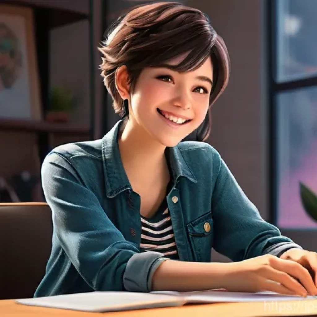 캐릭터디자이너의 직업 만족도 설문 - **Prompt:** A young, enthusiastic female character designer in her late 20s, with short, stylish hai...