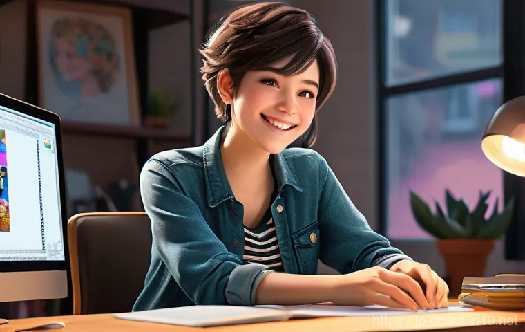 캐릭터디자이너의 직업 만족도 설문 - **Prompt:** A young, enthusiastic female character designer in her late 20s, with short, stylish hai...