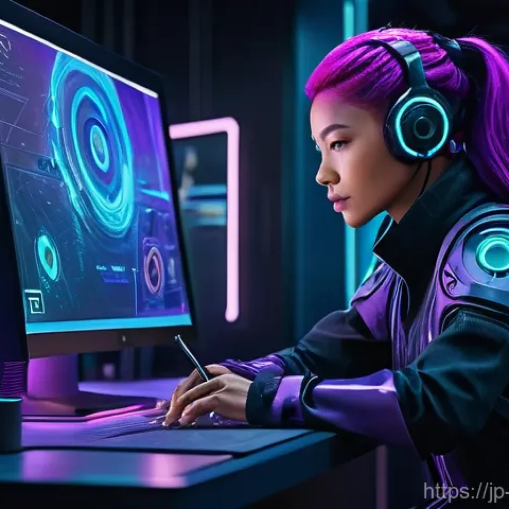 캐릭터디자이너로서 협업 환경 최적화 - **Prompt:** "A futuristic character designer, a young woman with vibrant purple hair and a focused, ...