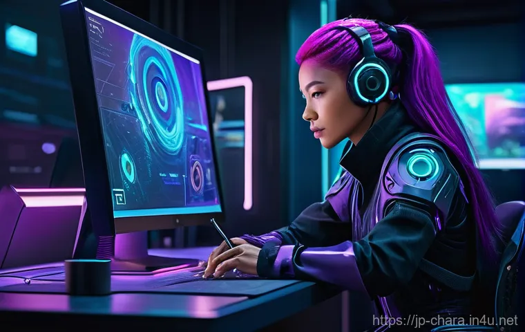 캐릭터디자이너로서 협업 환경 최적화 - **Prompt:** "A futuristic character designer, a young woman with vibrant purple hair and a focused, ...