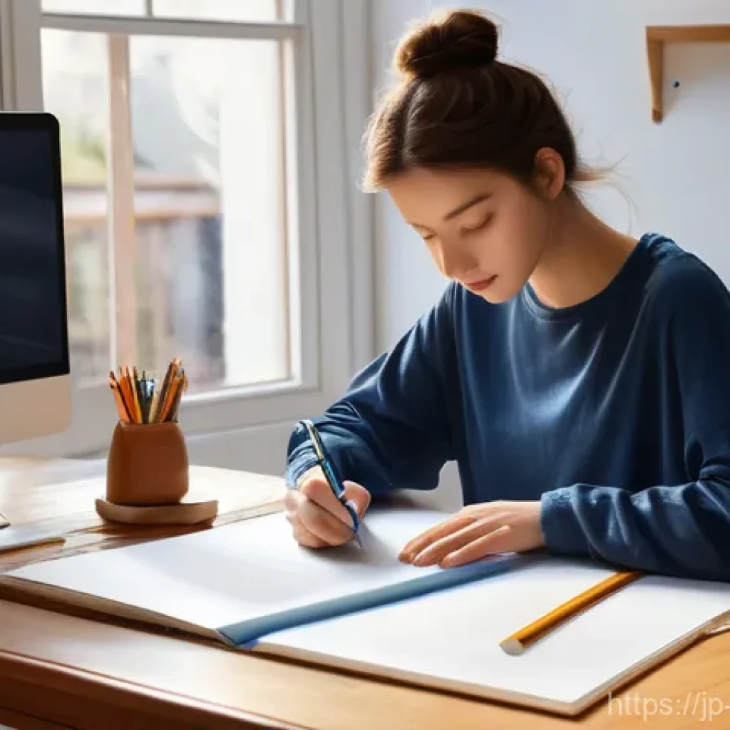 캐릭터디자인 자격증 준비를 위한 학습 계획 - **A Young Character Designer's Study Session**
A cozy, softly lit study room with warm wooden fu...