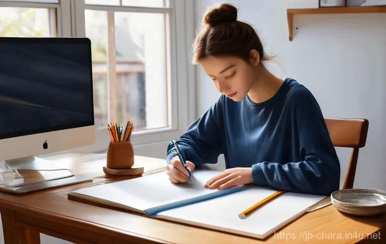 캐릭터디자인 자격증 준비를 위한 학습 계획 - **A Young Character Designer's Study Session**
    A cozy, softly lit study room with warm wooden fu...