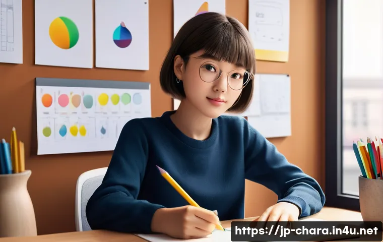 캐릭터디자인 자격증 시험에서 자주 나오는 질문 - **A Focused Aspiring Artist:**
    A young female character designer in her early 20s, with a modern...