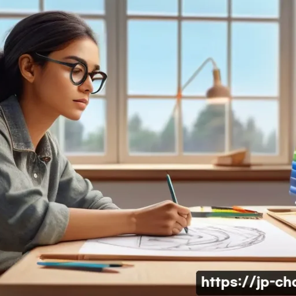캐릭터디자인 자격증 시험을 위한 학습 자료 - A young female character sketching in a bright, modern art studio, wearing casual clothes and glasse...
