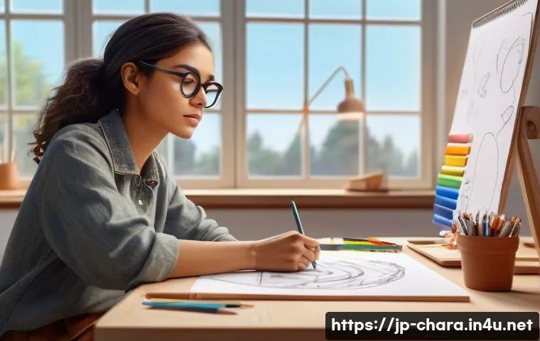 캐릭터디자인 자격증 시험을 위한 학습 자료 - A young female character sketching in a bright, modern art studio, wearing casual clothes and glasse...