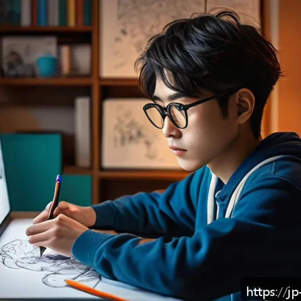 캐릭터디자인 학습에서 소셜미디어 활용법 - A vibrant digital illustration of a young Japanese character designer at work, sitting at a modern d...
