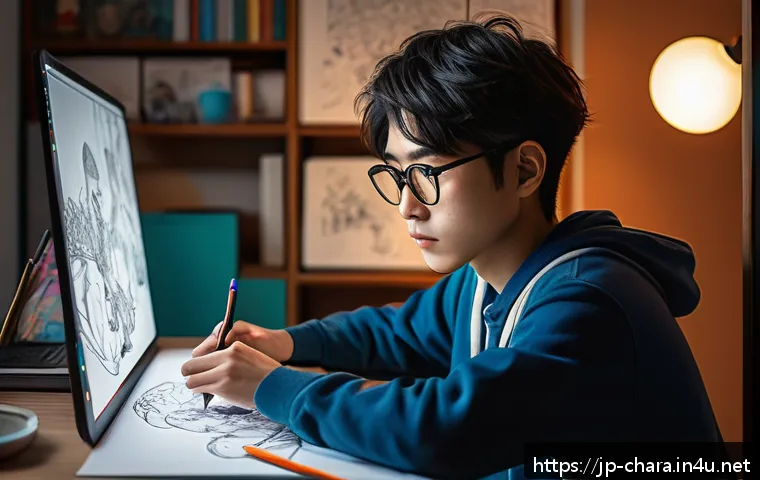 캐릭터디자인 학습에서 소셜미디어 활용법 - A vibrant digital illustration of a young Japanese character designer at work, sitting at a modern d...