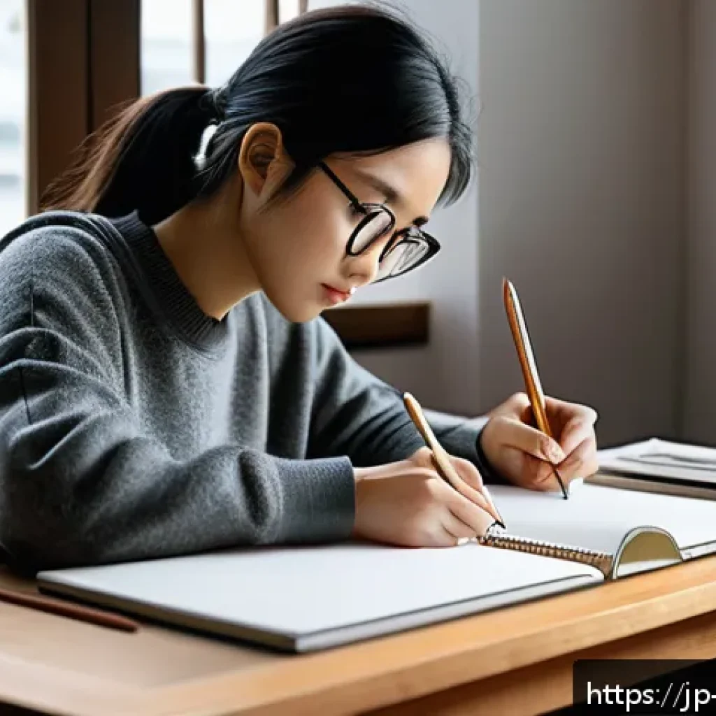 캐릭터디자인 자격증 학습에서 필요한 도구 - A cozy art studio scene featuring a young Japanese artist practicing analog sketching: she is sittin...