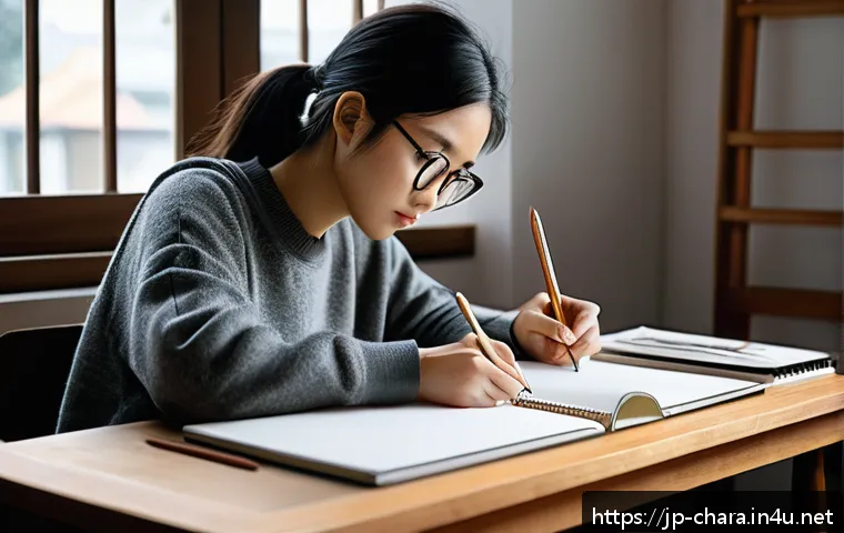 캐릭터디자인 자격증 학습에서 필요한 도구 - A cozy art studio scene featuring a young Japanese artist practicing analog sketching: she is sittin...