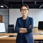 캐릭터디자인 분야에서 커리어 피벗 사례 - A confident young Japanese woman stepping boldly into a new creative industry, wearing smart casual ...