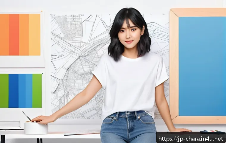 캐릭터디자인 자격증 학습을 위한 자료 정리 - A young female character designer in casual modern clothing, standing confidently with a digital pen...