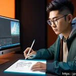 캐릭터디자인 관련 학술 논문 작성법 - A detailed digital character design workspace scene featuring a young Japanese artist using a high-t...
