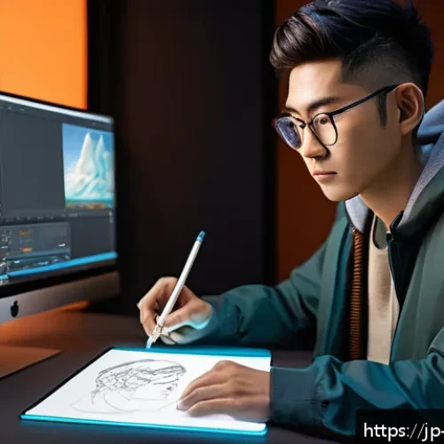 캐릭터디자인 관련 학술 논문 작성법 - A detailed digital character design workspace scene featuring a young Japanese artist using a high-t...