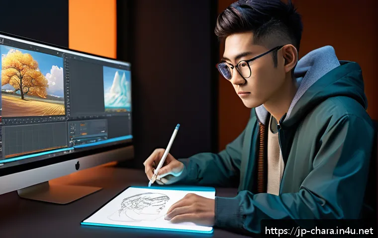 캐릭터디자인 관련 학술 논문 작성법 - A detailed digital character design workspace scene featuring a young Japanese artist using a high-t...