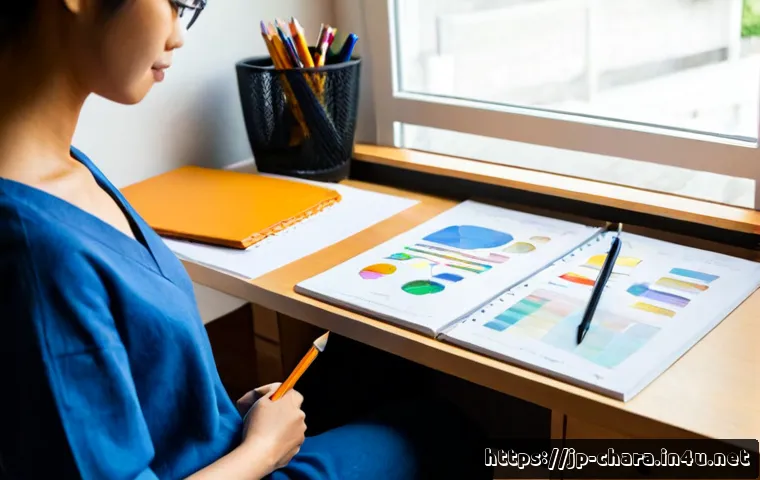캐릭터디자이너 업무일지 작성법 - Photorealistic character designer’s workspace in a modern Japanese studio, an adult designer seated ...