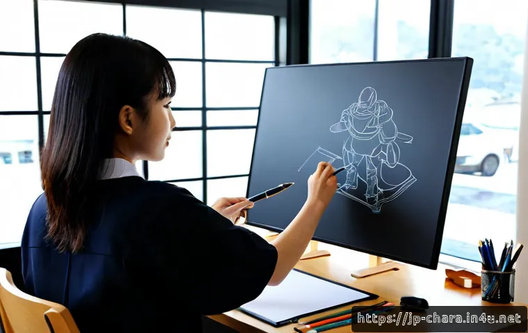 캐릭터디자인 자격증과 관련된 산업 동향 - Photorealistic modern Japanese character design studio, young professional artist creating an origin...