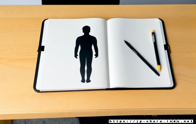 캐릭터디자인 학습에 필요한 필수 도구 - Photorealistic overhead view of a clean character design workspace, open blank sketchbook with expre...