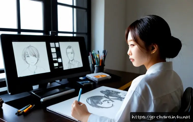 캐릭터디자인 직무에서의 개인 성장 사례 - Photorealistic scene of a young Japanese character designer at a clean studio desk, comparing early ...
